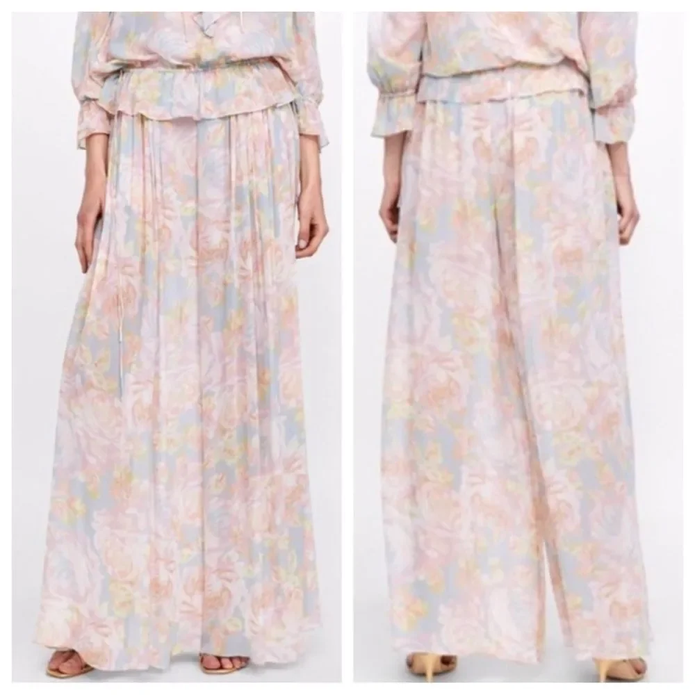 ZARA Chiffon Floral Palazzo Wide Leg Flowy Pants Size XS High Rise